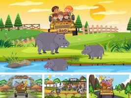 Set of different scenes with pirate ship at the sea and animals in the zoo vector