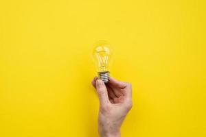 Male hand holding a bulb on yellow background- Image photo