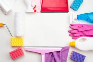 cleaning accessories are arranged in a rectangular shape. Place for advertising, copy space photo