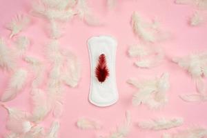 Hygienic pad, feather on the pad. Concept of critical days. photo
