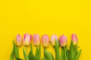 Bouquet of tulips  on yellow Easter background, empty copyspace photo