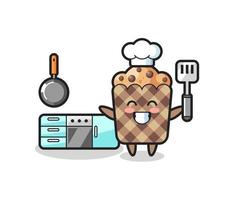 ilustración de personaje de muffin mientras un chef está cocinando vector