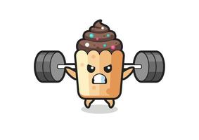 cupcake mascot cartoon with a barbell vector