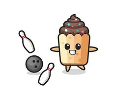 Character cartoon of cupcake is playing bowling vector