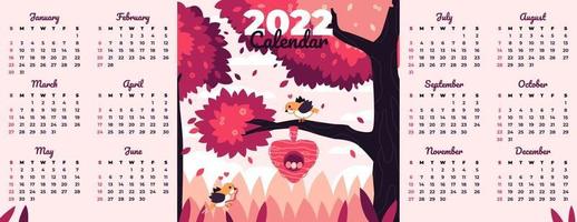 Plantilla de calendario 2022 con tema de aves y naturaleza vector