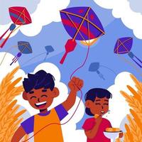 Children playing kites on Makar Sankranti vector