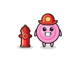 Personaje de mascota del botón de ropa como bombero. vector