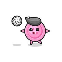 personaje de dibujos animados de botón de ropa está jugando voleibol vector