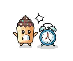 Cartoon Illustration of cupcake is surprised with a giant alarm clock vector