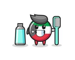 Ilustración de mascota de la insignia de la bandera de Kuwait con un cepillo de dientes vector