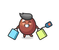 dibujos animados de mascota de huevo de chocolate sosteniendo una bolsa de compras vector