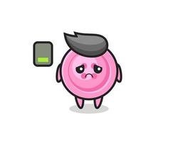 clothing button mascot character doing a tired gesture vector