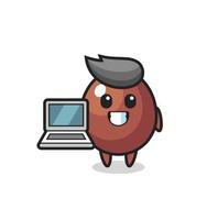 Ilustración de mascota de huevo de chocolate con una computadora portátil vector