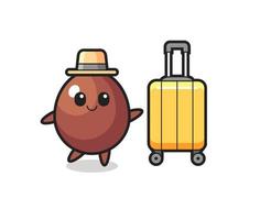chocolate egg cartoon illustration with luggage on vacation vector