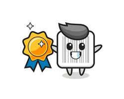 barcode mascot illustration holding a golden badge vector