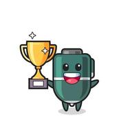 Cartoon of ballpoint pen is happy holding up the golden trophy vector