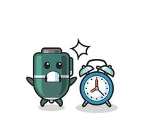 Cartoon of ballpoint pen is surprised with a giant alarm clock vector