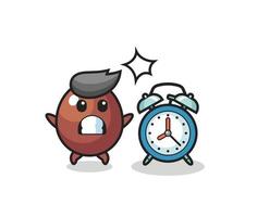 Illustration of chocolate egg is surprised with a giant alarm clock vector