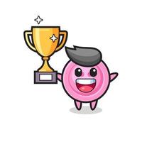 Illustration of clothing button is happy holding up the golden trophy vector