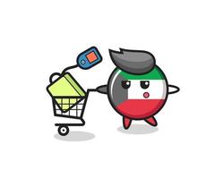 dibujos animados de ilustración de insignia de bandera de kuwait con un carrito de compras vector