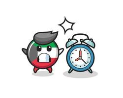 Cartoon of kuwait flag badge is surprised with a giant alarm clock vector