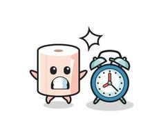 Illustration of tissue roll is surprised with a giant alarm clock vector