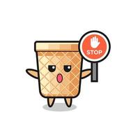 waffle cone character illustration holding a stop sign vector