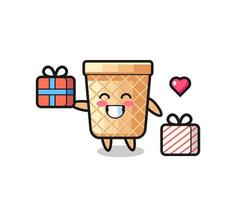 dibujos animados de la mascota del cono de waffle dando el regalo vector