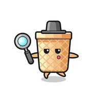 personaje de dibujos animados de cono de waffle buscando con una lupa vector