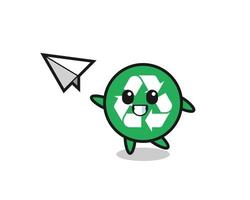 personaje de dibujos animados de reciclaje lanzando avión de papel vector
