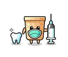 Personaje de mascota de cono de galleta como dentista. vector