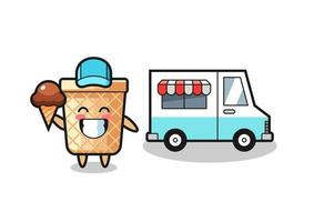 caricatura de mascota de cono de galleta con camión de helados vector