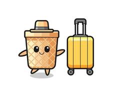 waffle cone cartoon illustration with luggage on vacation