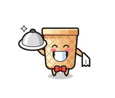 Mascota de personaje de cono de galleta como camareros. vector