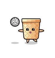 Character cartoon of waffle cone is playing volleyball vector