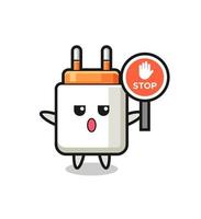 power adapter character illustration holding a stop sign vector