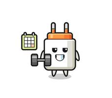 power adapter mascot cartoon doing fitness with dumbbell vector