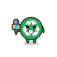 Mascota del personaje del reciclaje como reportero de noticias. vector