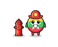 Mascot character of myanmar flag badge as a firefighter vector