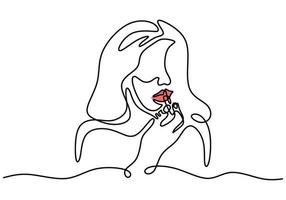 Continuous single line drawing of long haired woman using red lipstick vector