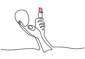 Continuous single line drawing hand holding pink lipstick and mirror vector