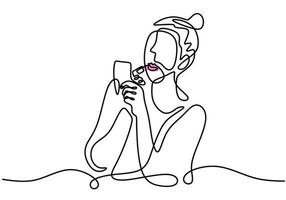 Continuous single line drawing of woman using lipstick on her lips vector