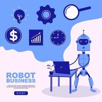 Business background with cute grey robot using laptop vector