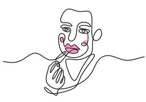 Continuous single line drawing of sad woman face using pink lipstick. Woman make up theme one line isolated on white background. vector