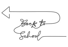 Continuous one line drawing of back to school handwritten words with arrow navigation isolated on white background. vector