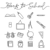 Continuous one line drawing of back to school handwritten words with note book, pencil, book, board, scissor, cutter, calipers, shoes, bag, calculator, alarm clock and globe. vector