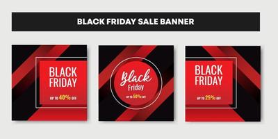 Tres conjuntos de banner de fondo de venta de viernes negro rojo con geometría. vector