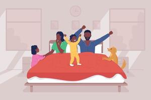 Children wake up parents flat color vector illustration