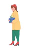 Cheerful woman holding gift box semi flat color vector character