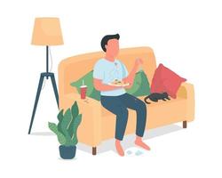 Messy man eating on couch semi flat color vector character